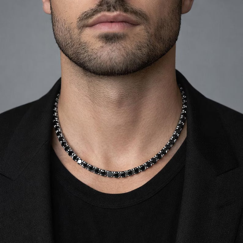 5mm Black Diamond Tennis Necklace – 925 Sterling Silver Iced Out Bling Chain with Spring Buckle | Hip Hop Jewelry