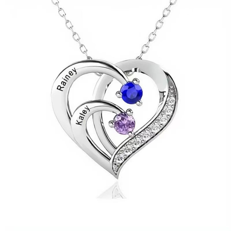 Sterling Silver Heart Name Necklace with Personalized Birthstones