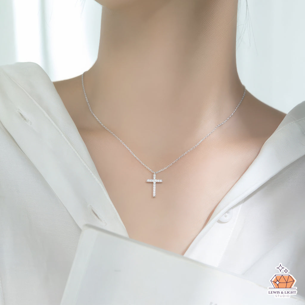 Minimalist Diamond Sterling Silver Cross Necklace