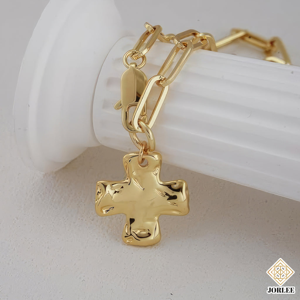 Hammered Chunky Cross Chain Necklace with Gold Paperclip Link Chain