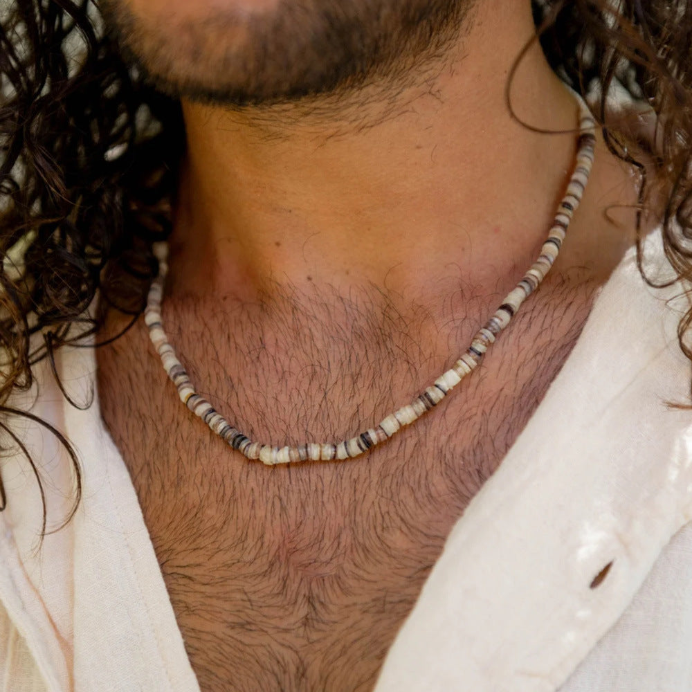 Bohemian Style Men's Puka Shell Beads Chain – Hawaiian Boho Beaded Necklace with Natural Stones and Shell Beads