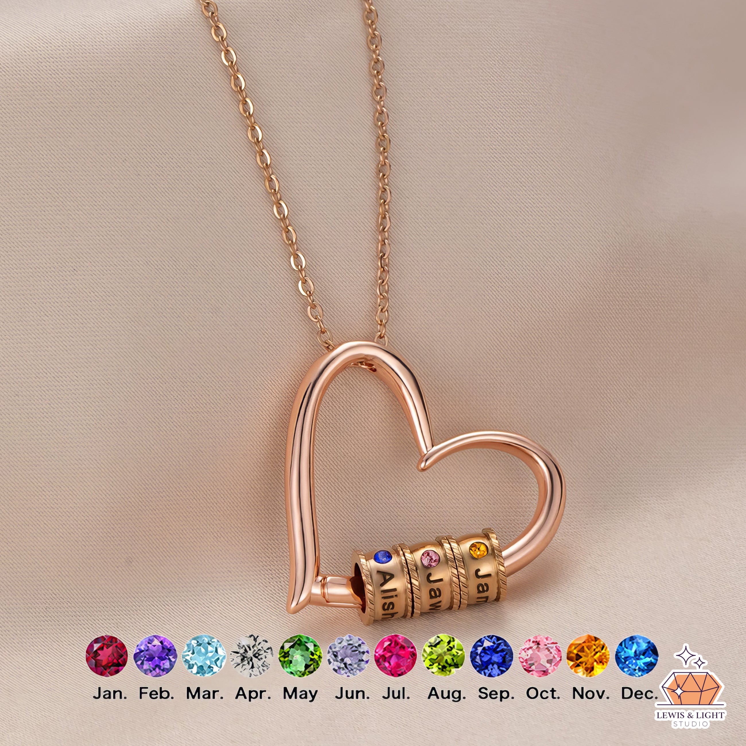 Personalized Heart Shaped Birthstone Necklace – Custom Engraved Family Love Jewelry