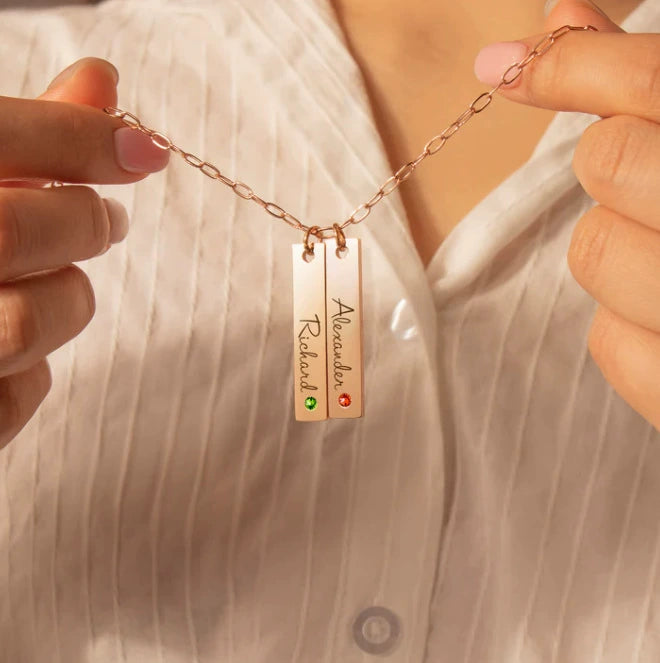 Personalized Vertical Bar Nameplate Necklace with Engraving & Birthstones