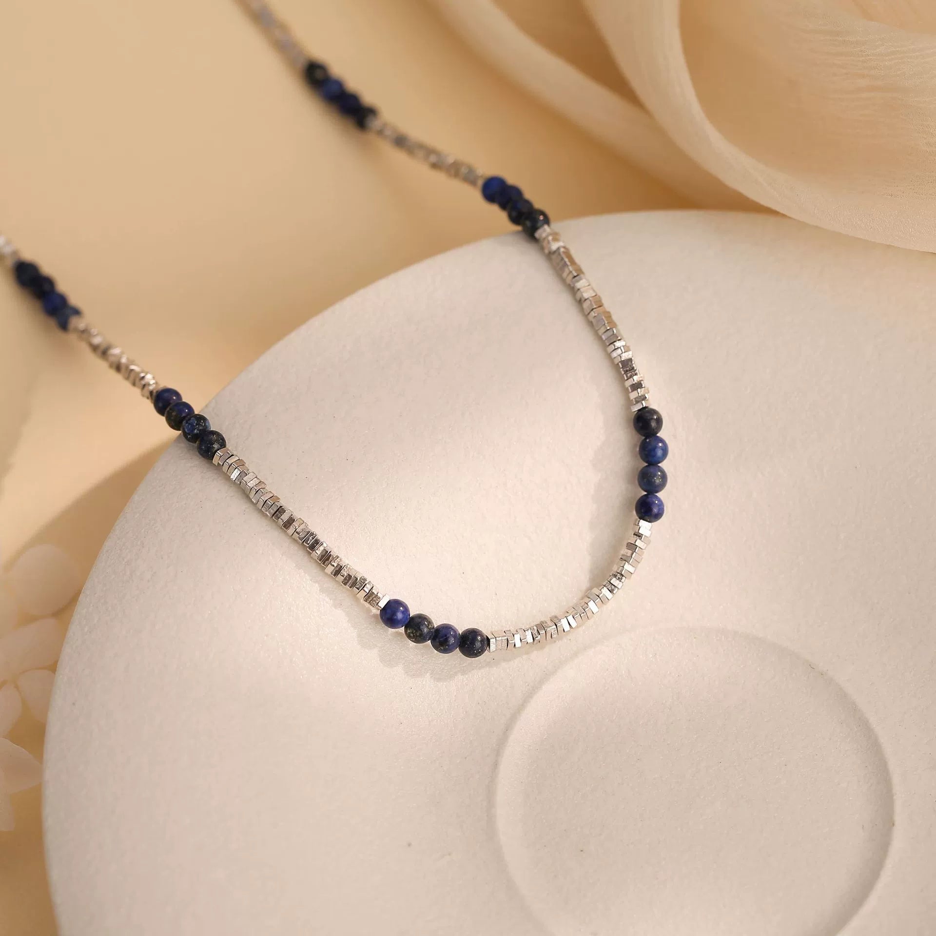 Tennis Necklace Lapis Lazuli Beaded Necklace in S925 Silver – Elegant Blue Gemstone Minimalist Jewelry