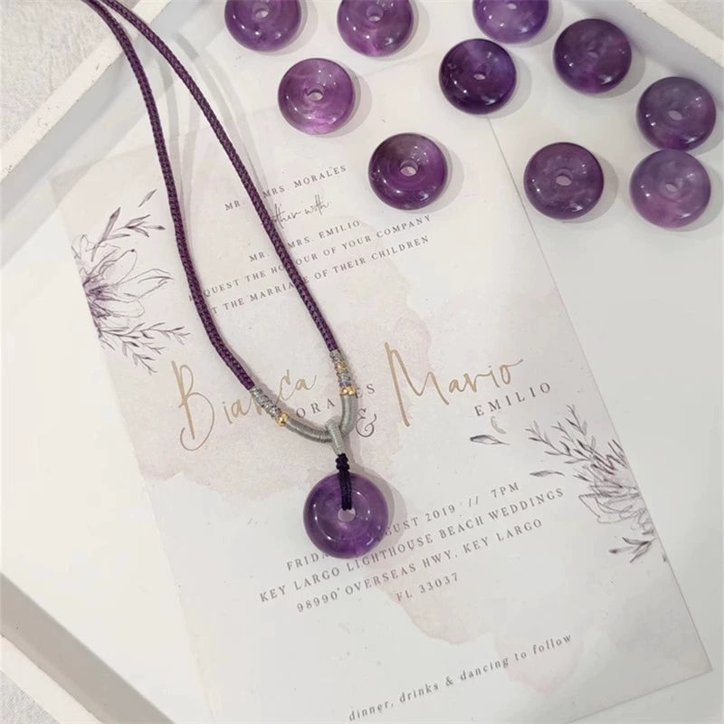 Amethyst Gemstone Donut-Shaped Pendant Necklace – Braided Nylon Cord | Calmness & Stress Relief Crystal