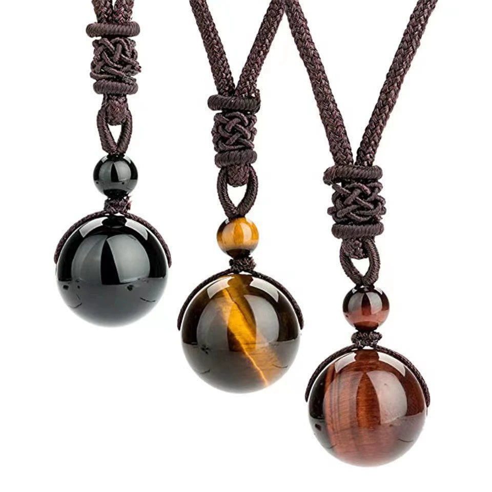 Red & Yellow Tiger Eye, Obsidian & Amethyst Healing Necklace – Natural Gemstone Protection & Calm Energy