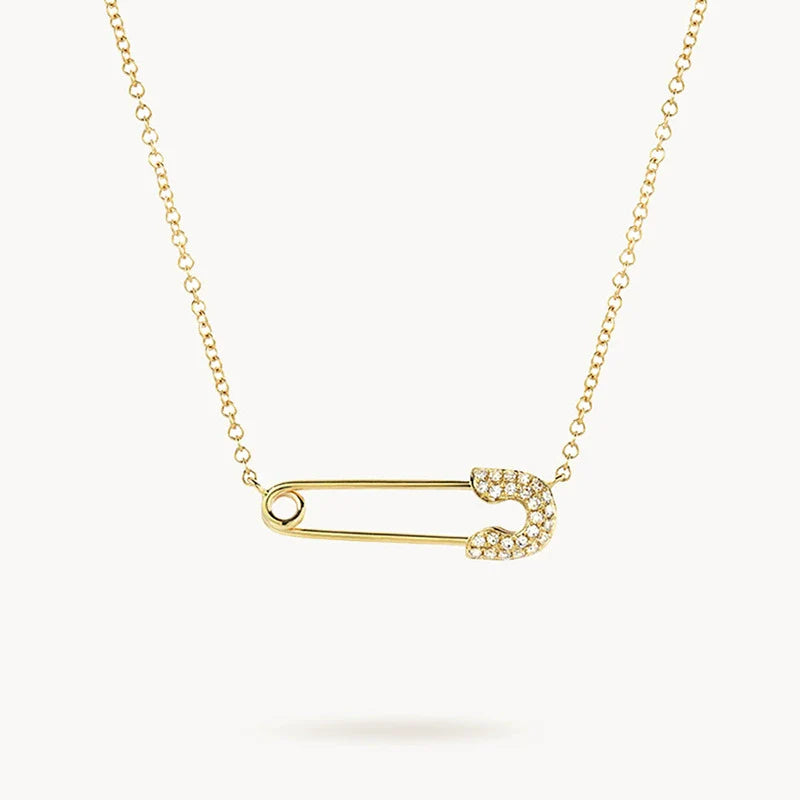 18K Gold Zirconia Safety Pin Charm Necklace – Minimalist Pavé Diamond Collector Necklace