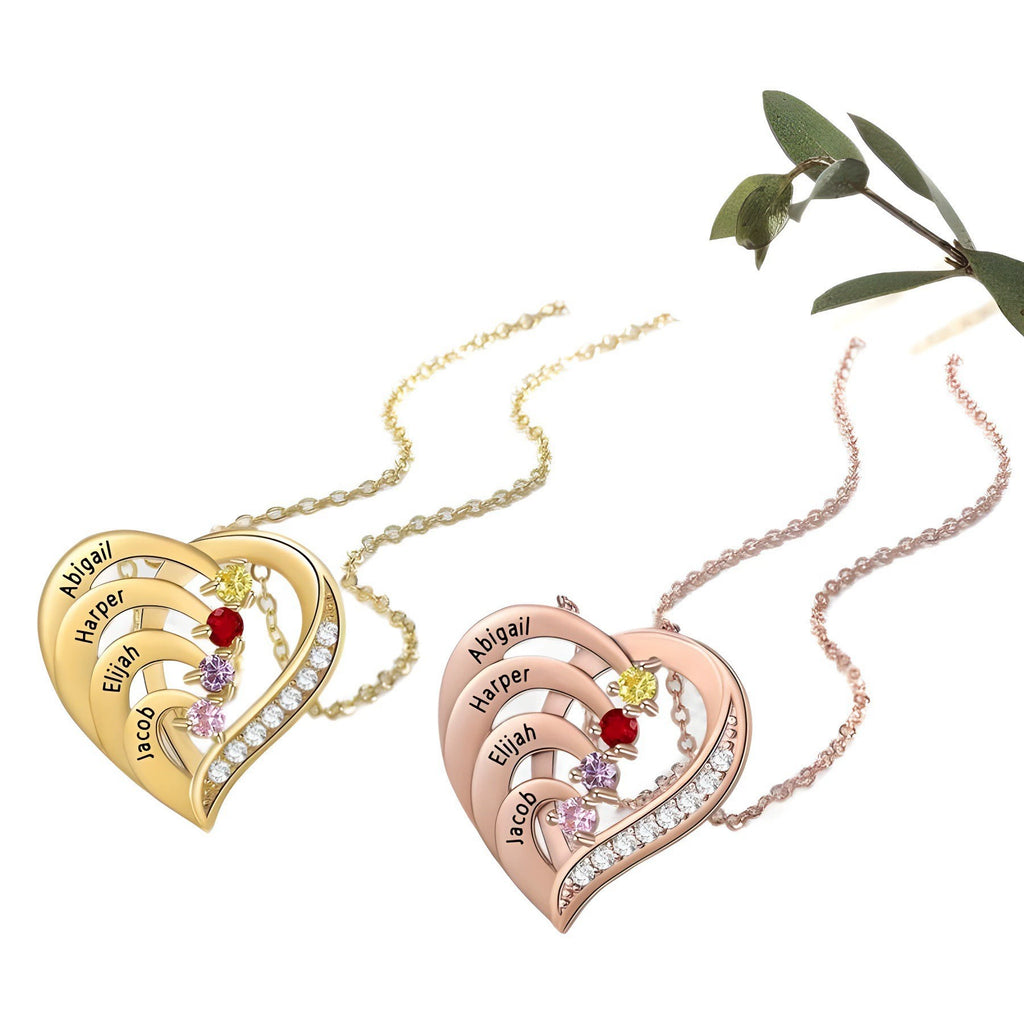 Sterling Silver Heart Name Necklace with Personalized Birthstones