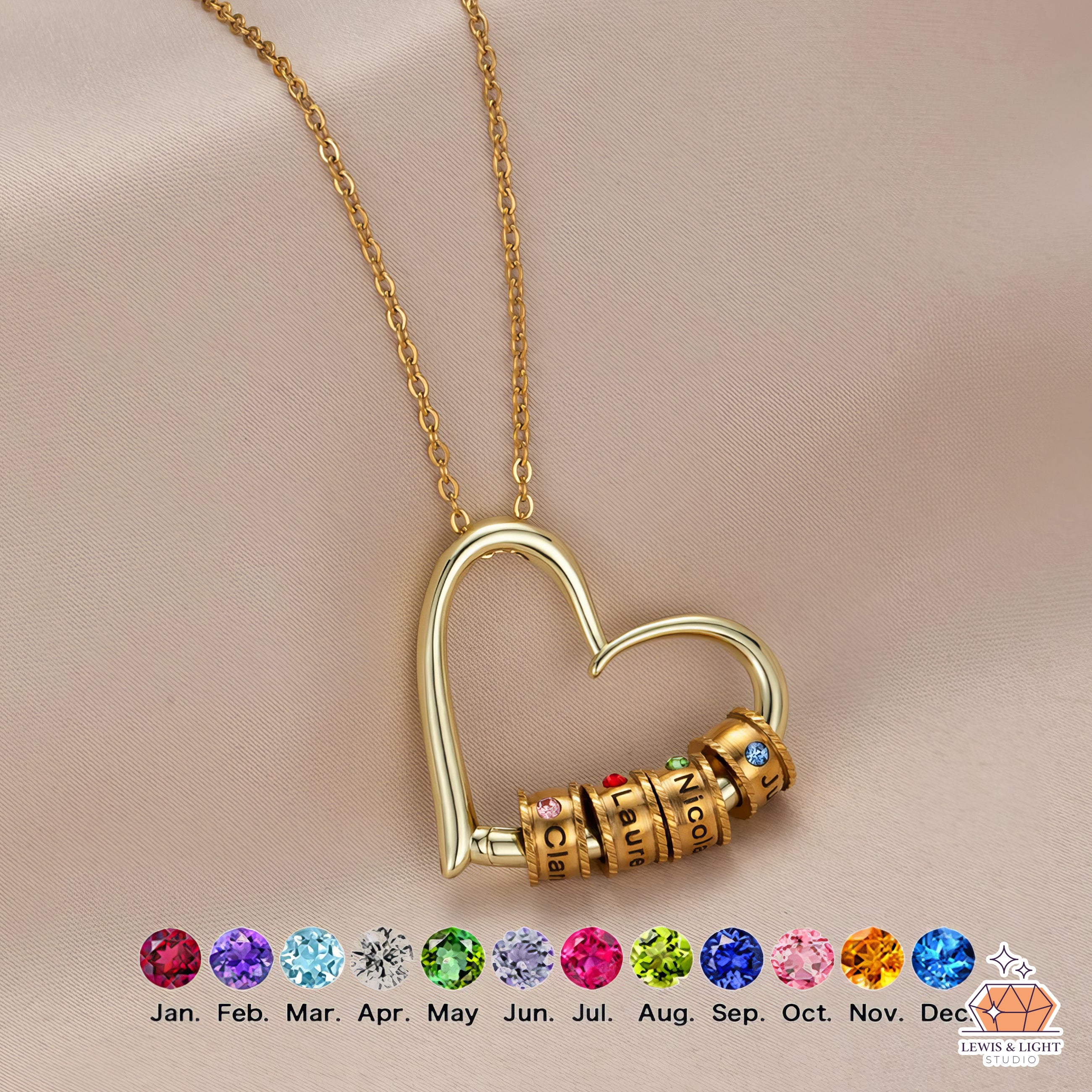 Personalized Heart Shaped Birthstone Necklace – Custom Engraved Family Love Jewelry