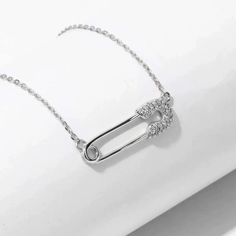 18K Gold Zirconia Safety Pin Charm Necklace – Minimalist Pavé Diamond Collector Necklace