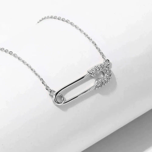 18K Gold Zirconia Safety Pin Charm Necklace – Minimalist Pavé Diamond Collector Necklace