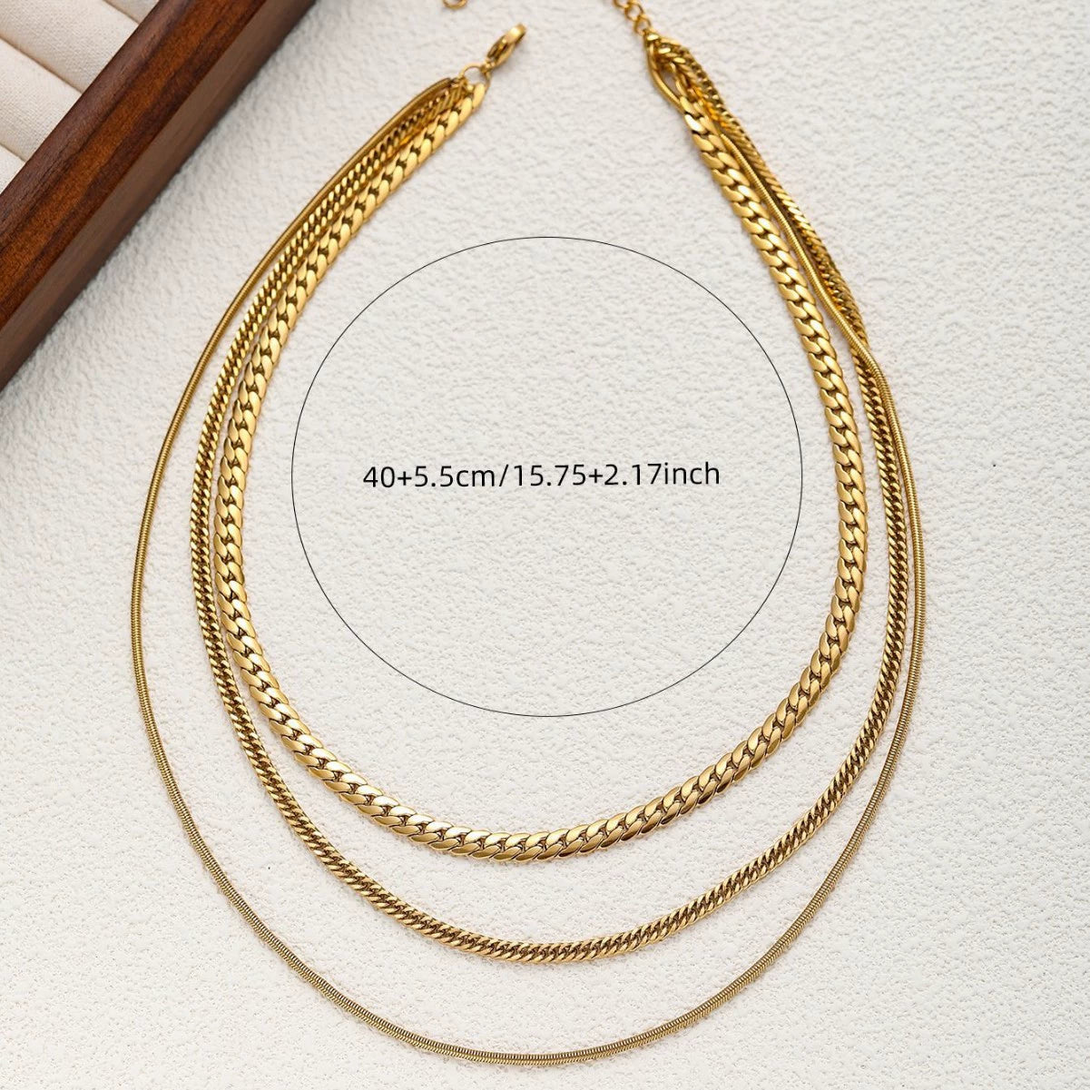 14K Gold Plated Layer Chain Necklace | 3-Layer Snake, Cuban & Herringbone Chain