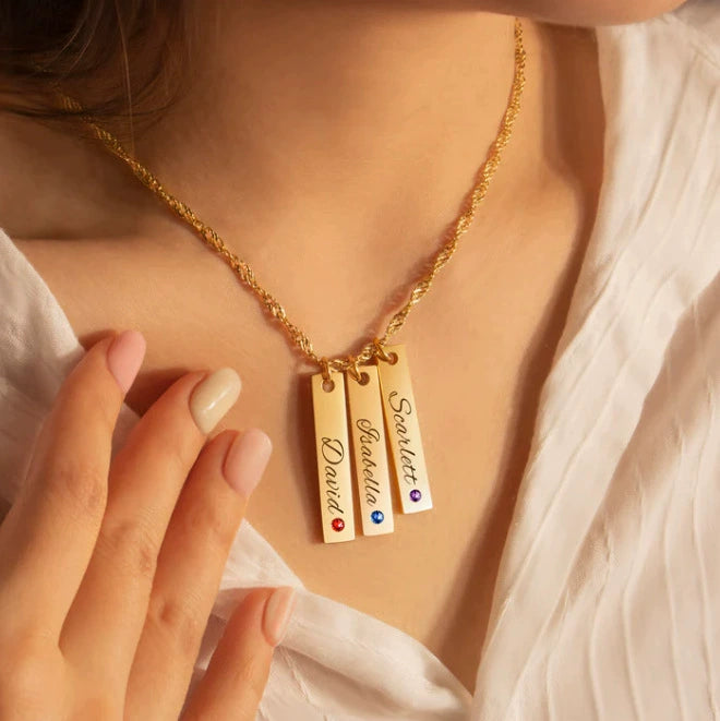 Personalized Vertical Bar Nameplate Necklace with Engraving & Birthstones