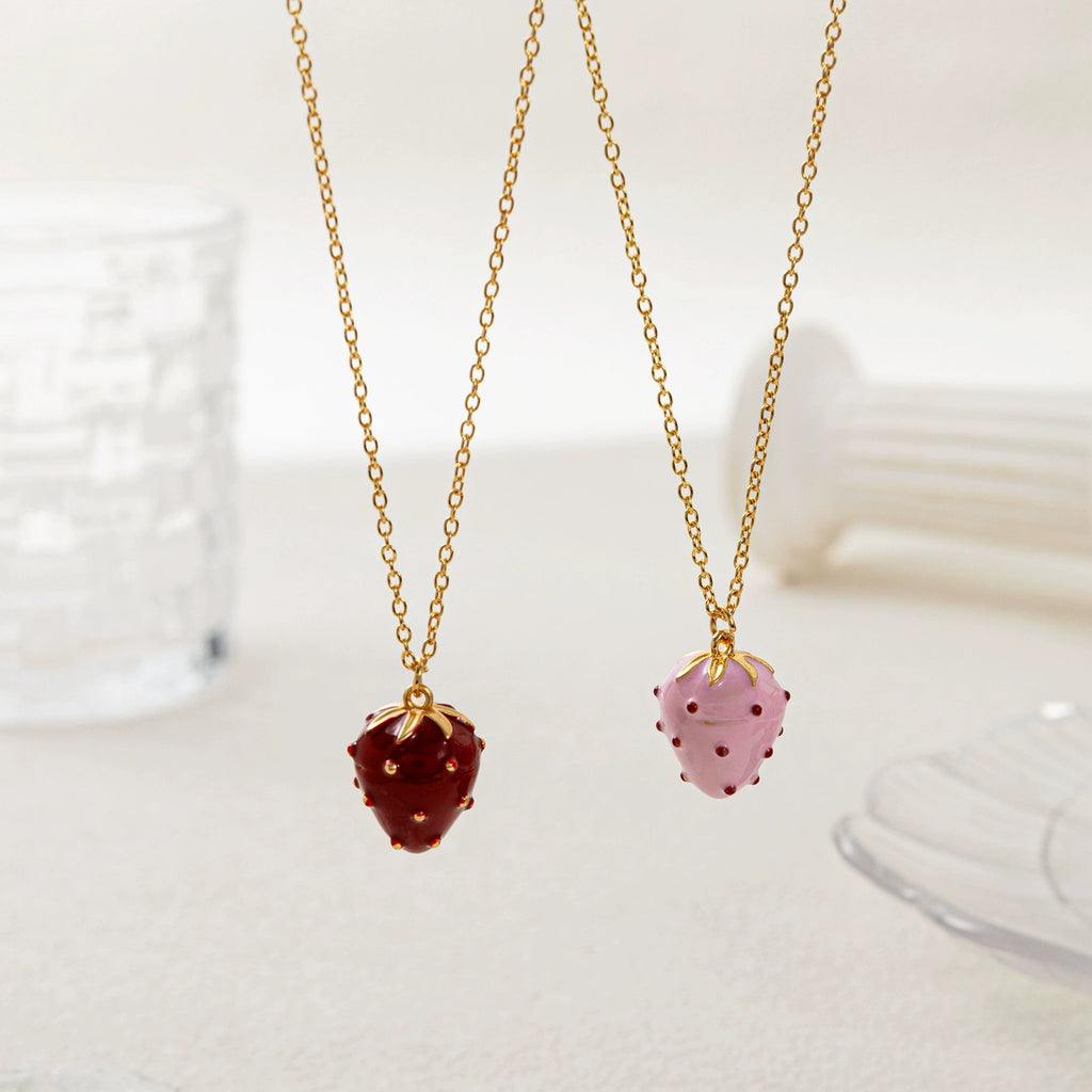 Petite Strawberry Agate Charm Necklace – Dainty Gold Fruit Pendant Jewelry