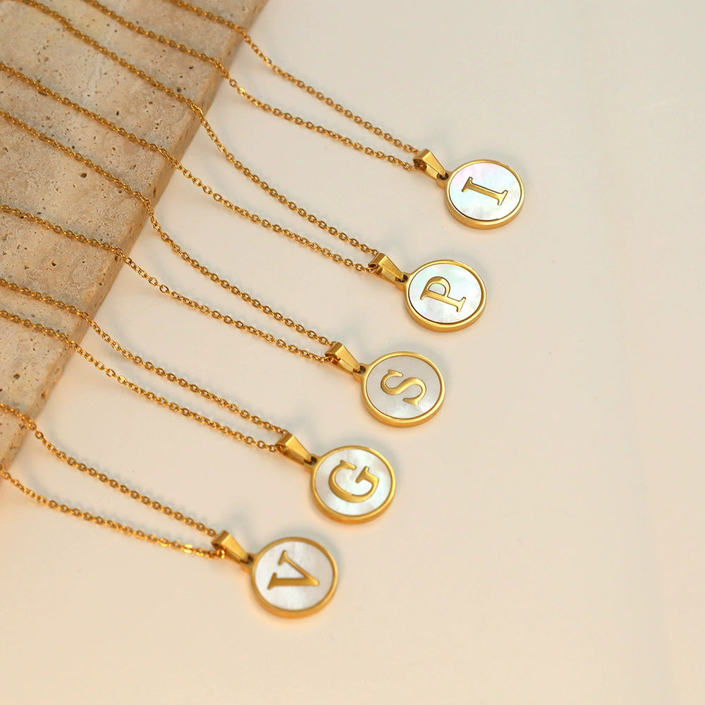 Personalized Gold Enamel White Shell Initial Necklace