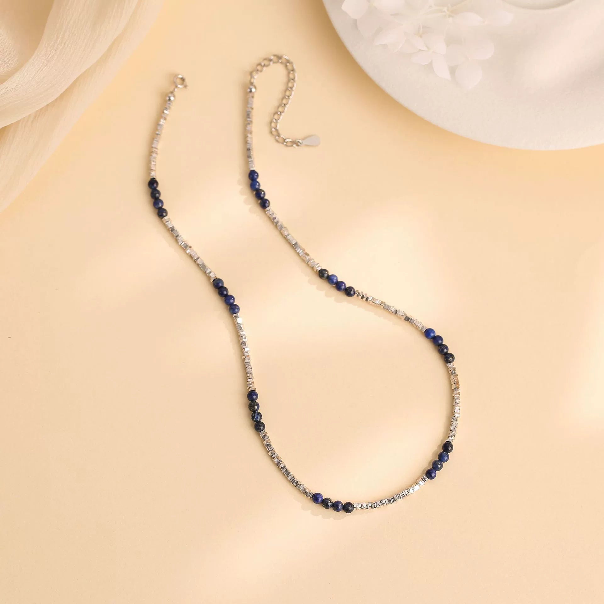 Tennis Necklace Lapis Lazuli Beaded Necklace in S925 Silver – Elegant Blue Gemstone Minimalist Jewelry