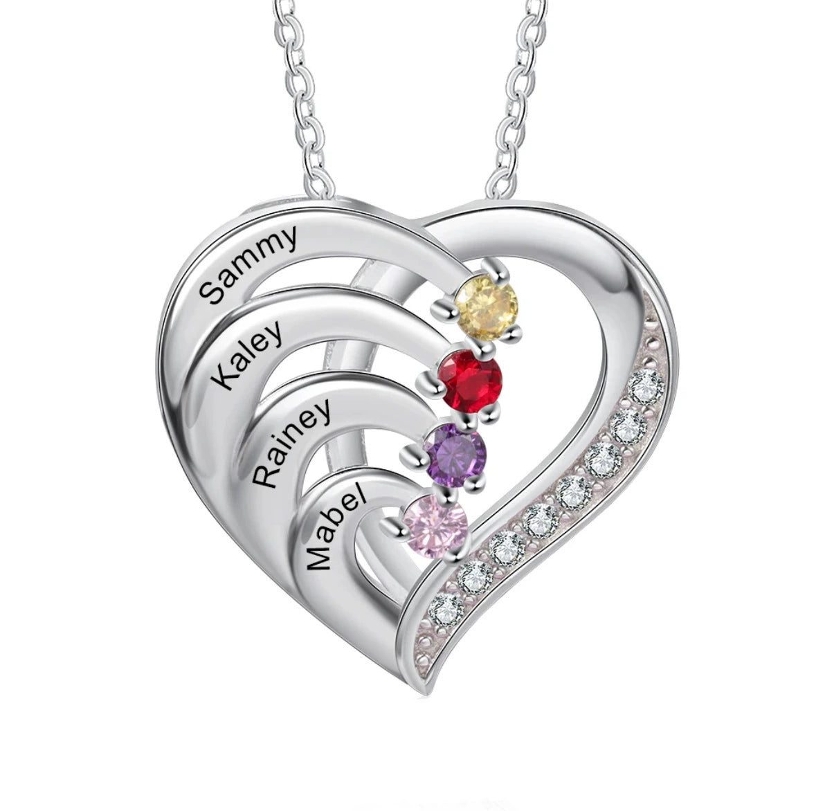 Sterling Silver Heart Name Necklace with Personalized Birthstones