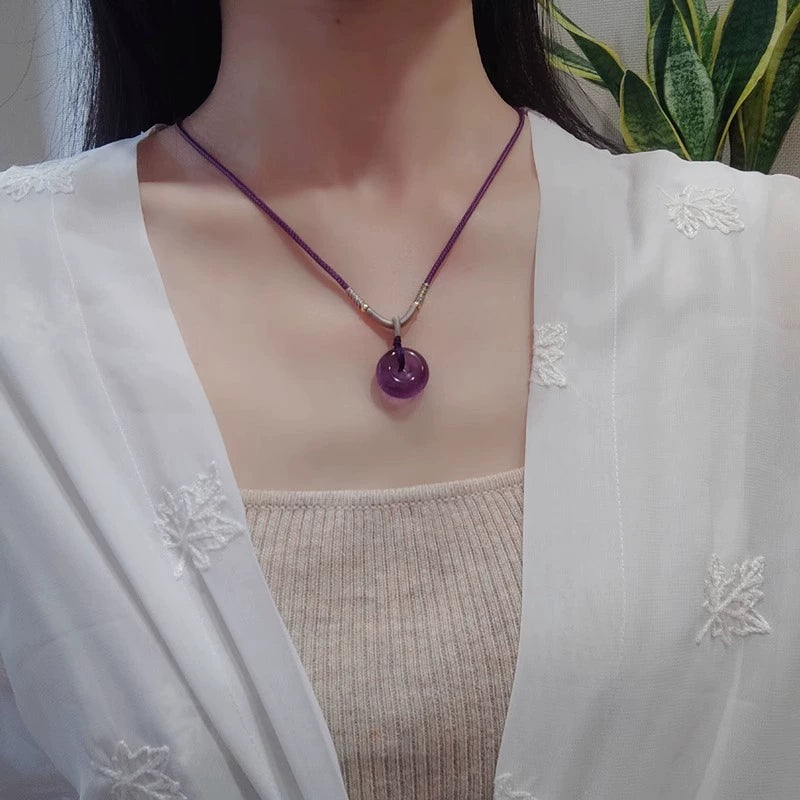 Amethyst Gemstone Donut-Shaped Pendant Necklace – Braided Nylon Cord | Calmness & Stress Relief Crystal