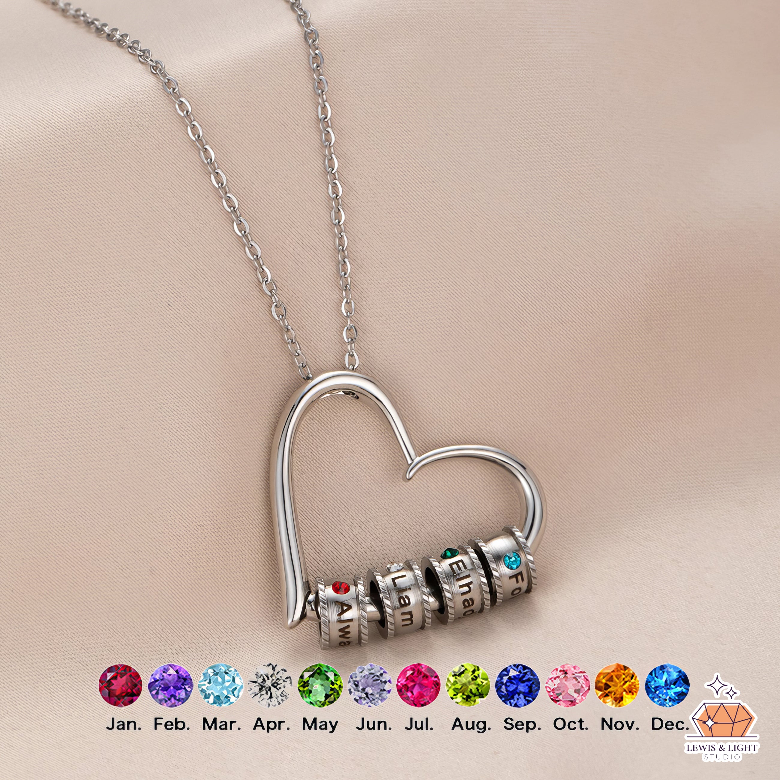 Personalized Heart Shaped Birthstone Necklace – Custom Engraved Family Love Jewelry