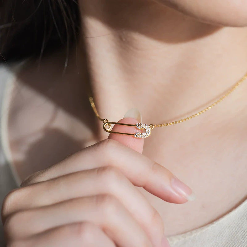 18K Gold Zirconia Safety Pin Charm Necklace – Minimalist Pavé Diamond Collector Necklace