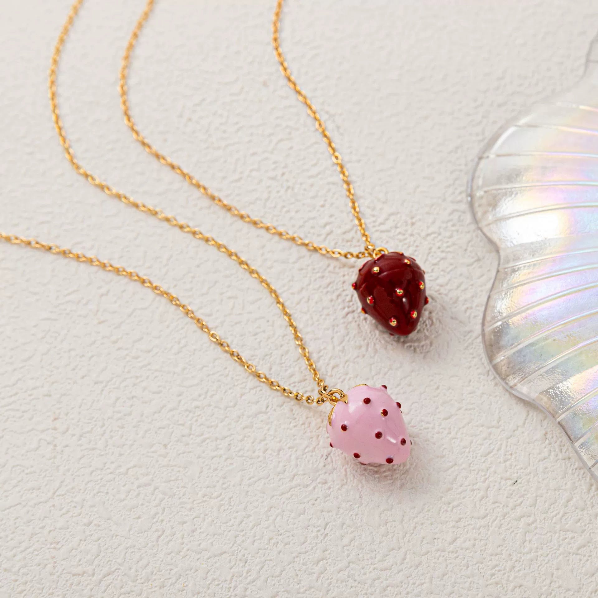 Petite Strawberry Agate Charm Necklace – Dainty Gold Fruit Pendant Jewelry
