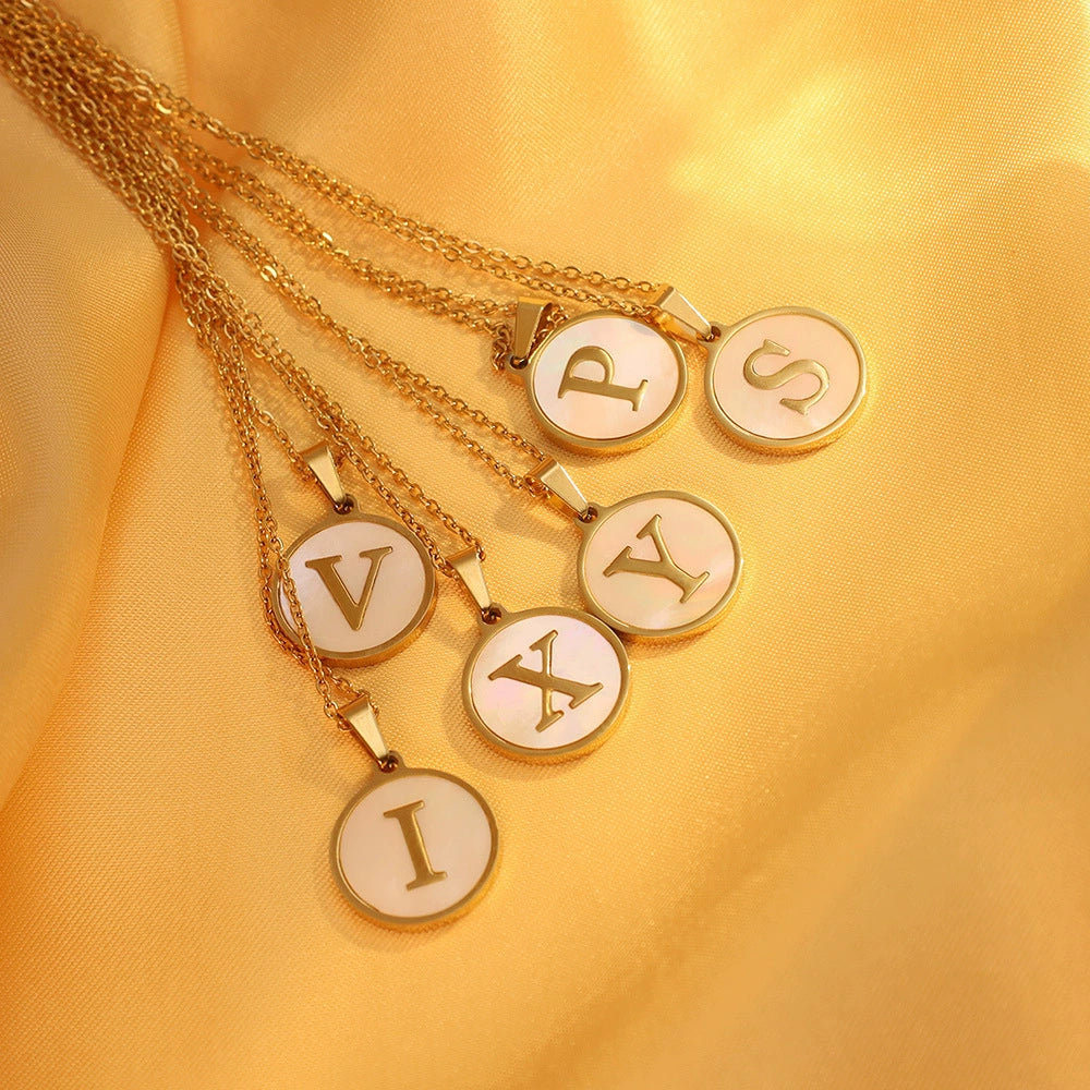 Personalized Gold Enamel White Shell Initial Necklace