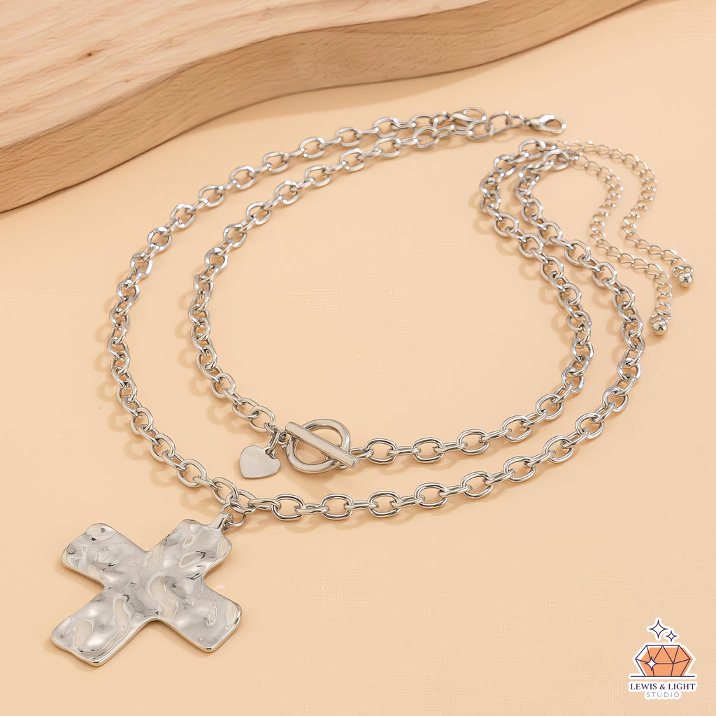Chunky Hammered Cross Dual Chain