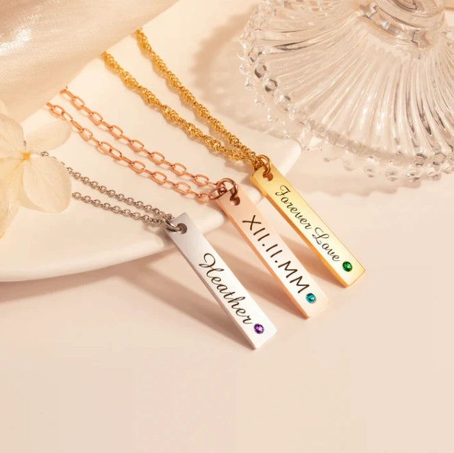Personalized Vertical Bar Nameplate Necklace with Engraving & Birthstones