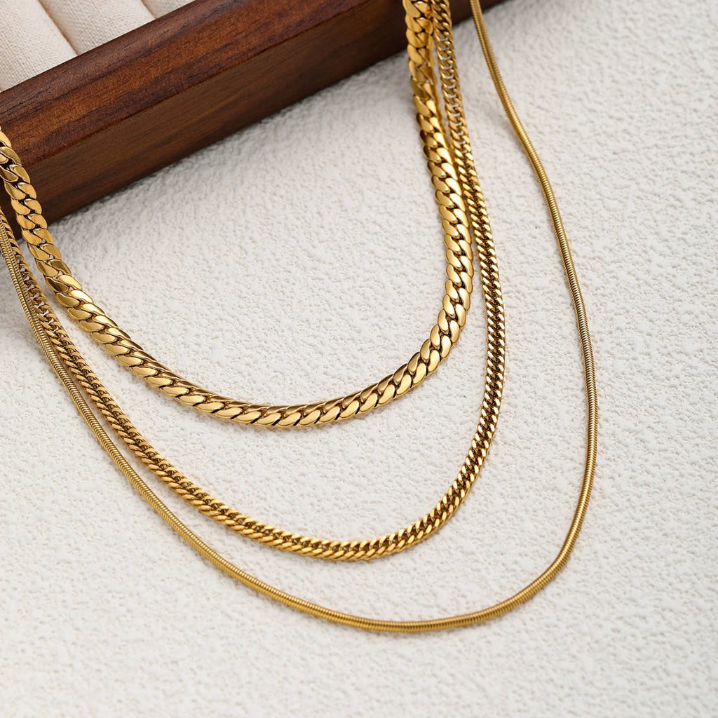 14K Gold Plated Layer Chain Necklace | 3-Layer Snake, Cuban & Herringbone Chain