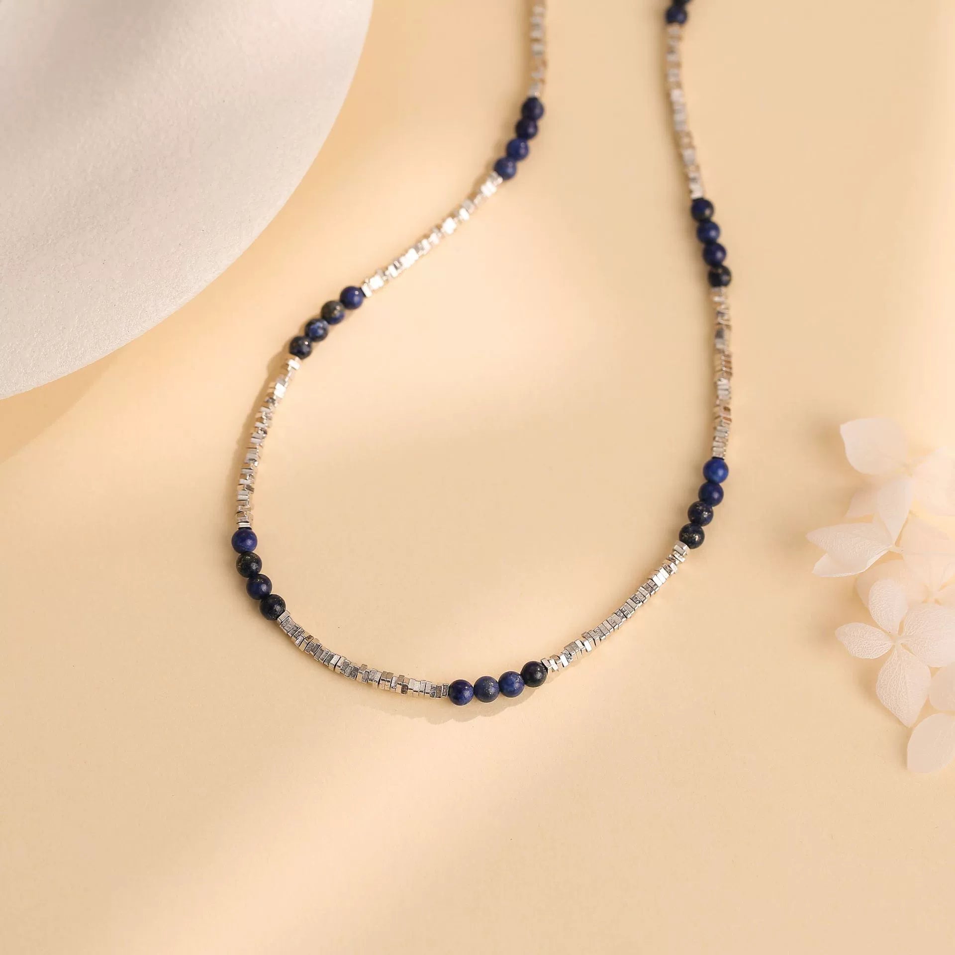 Tennis Necklace Lapis Lazuli Beaded Necklace in S925 Silver – Elegant Blue Gemstone Minimalist Jewelry