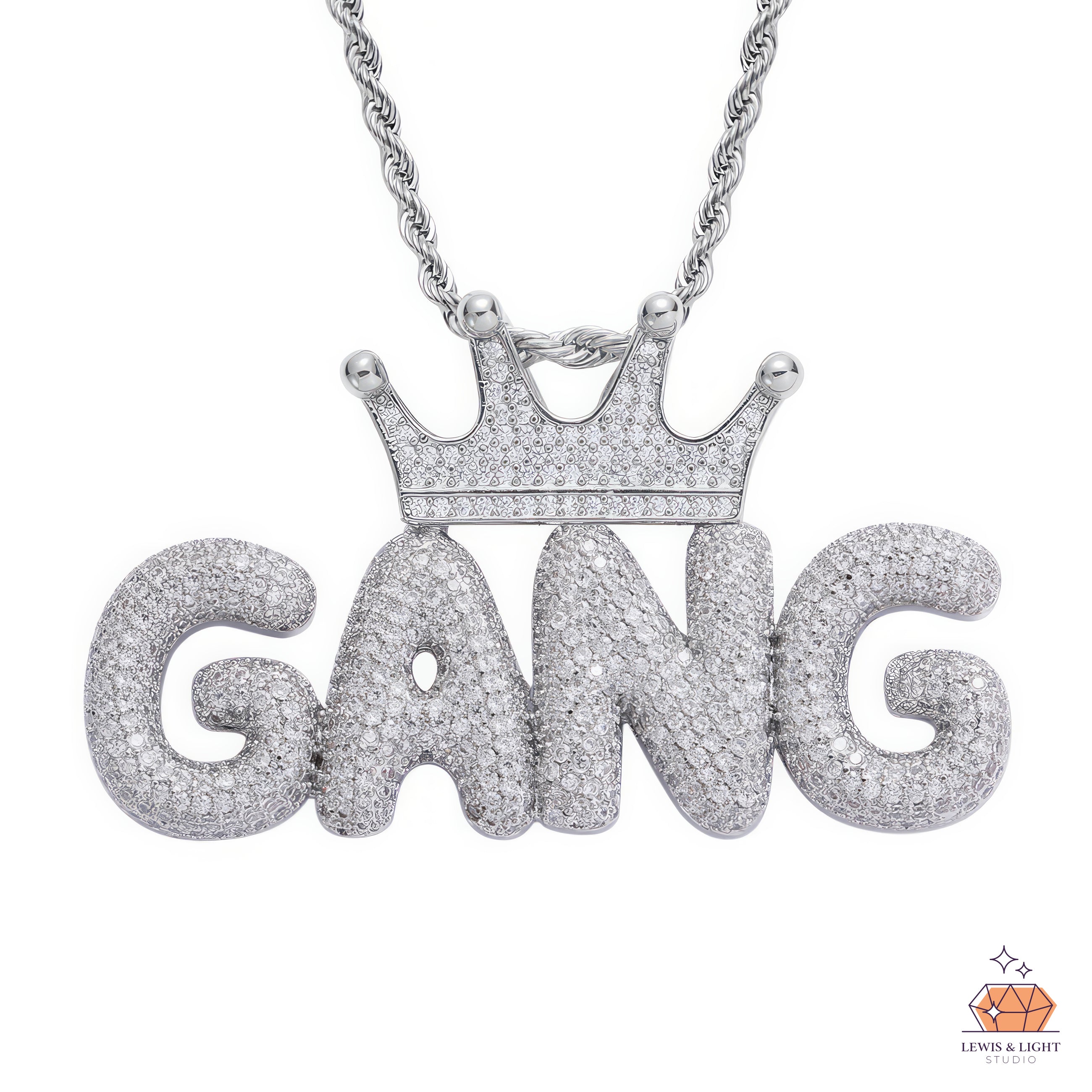 Iced Out Bubble Letter Necklace with Crown – Chunky Urban Hip Hop Pendant
