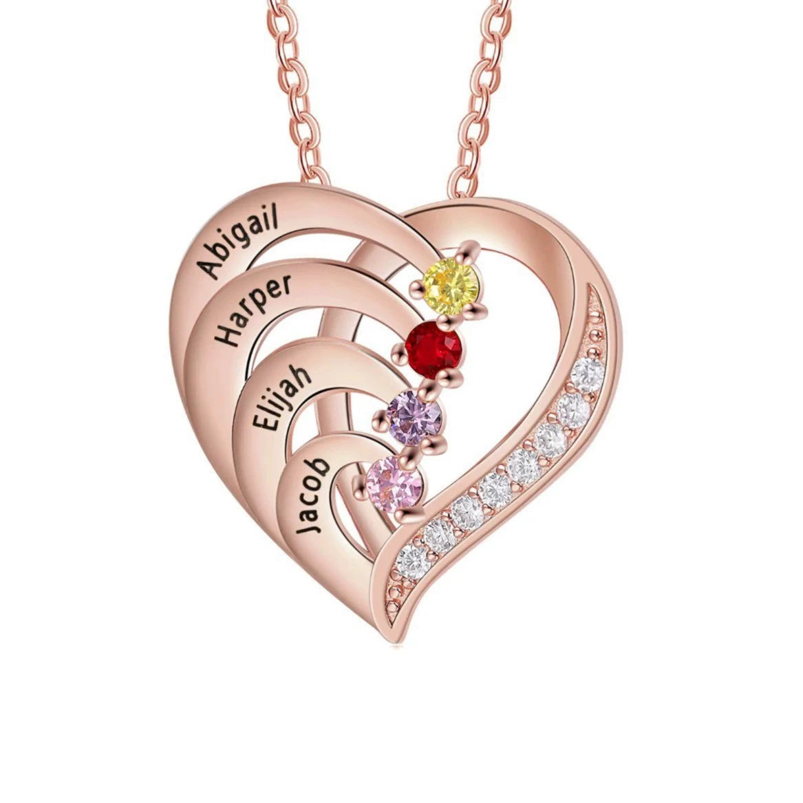 Sterling Silver Heart Name Necklace with Personalized Birthstones