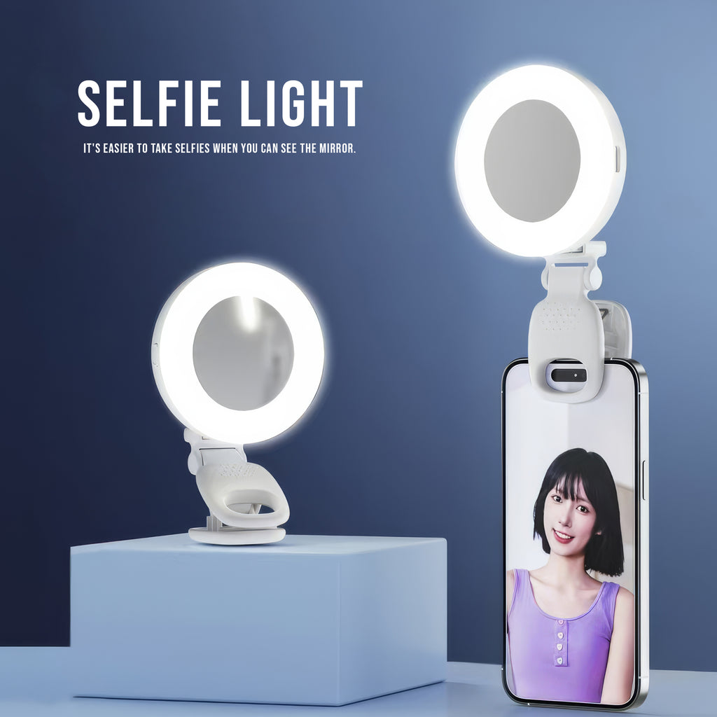 Clip-On Phone Selfie Light with Mirror – Portable LED Ring Light with 3 Adjustable Modes