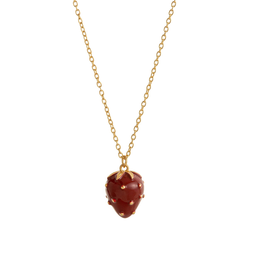 Petite Strawberry Agate Charm Necklace – Dainty Gold Fruit Pendant Jewelry