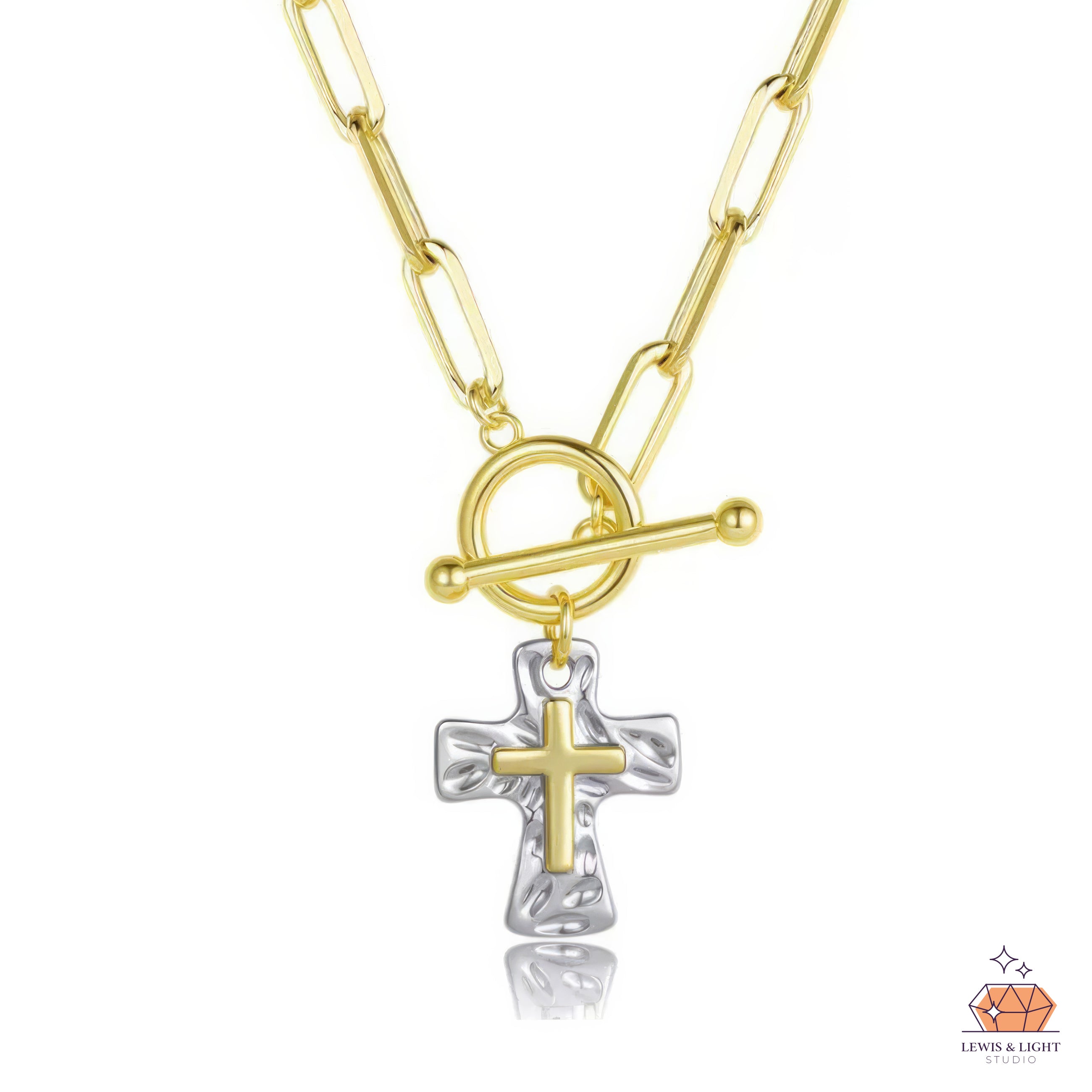 Embedded Gold Cross Circular Link Paperclip Chain - Silver