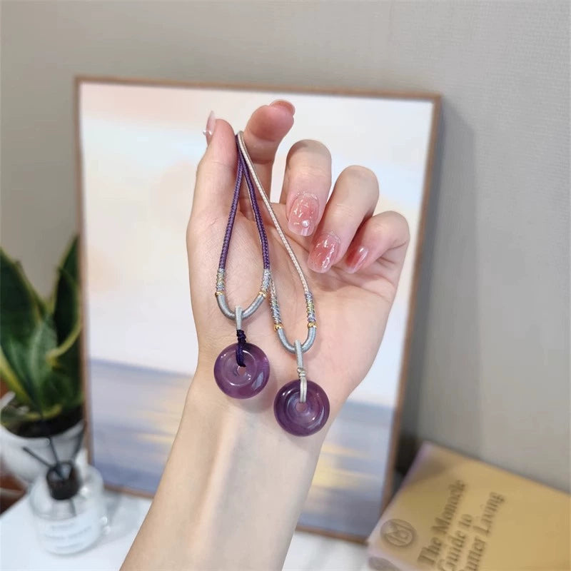 Amethyst Gemstone Donut-Shaped Pendant Necklace – Braided Nylon Cord | Calmness & Stress Relief Crystal