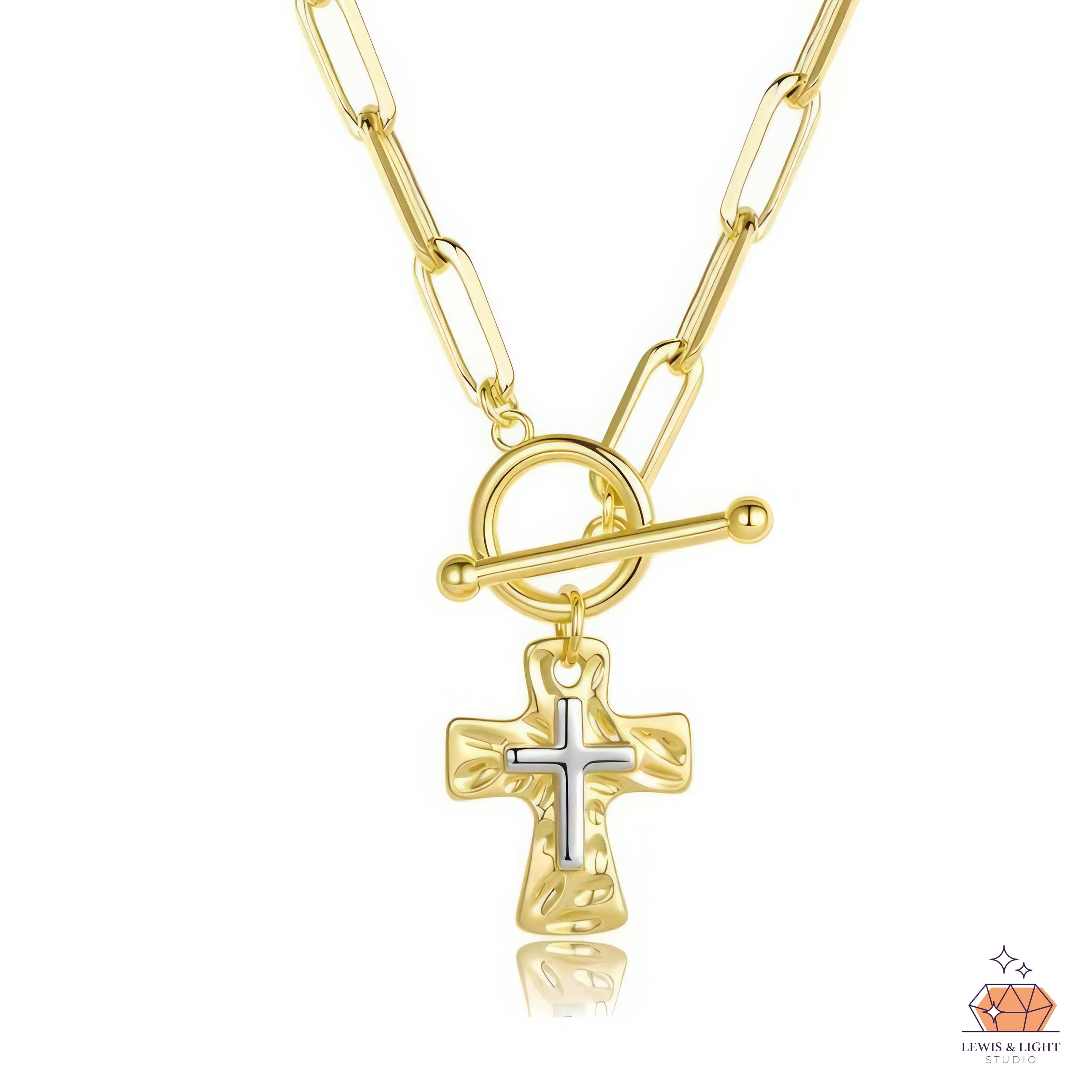 Embedded Silver Cross Circular Link Paperclip Chain - Gold