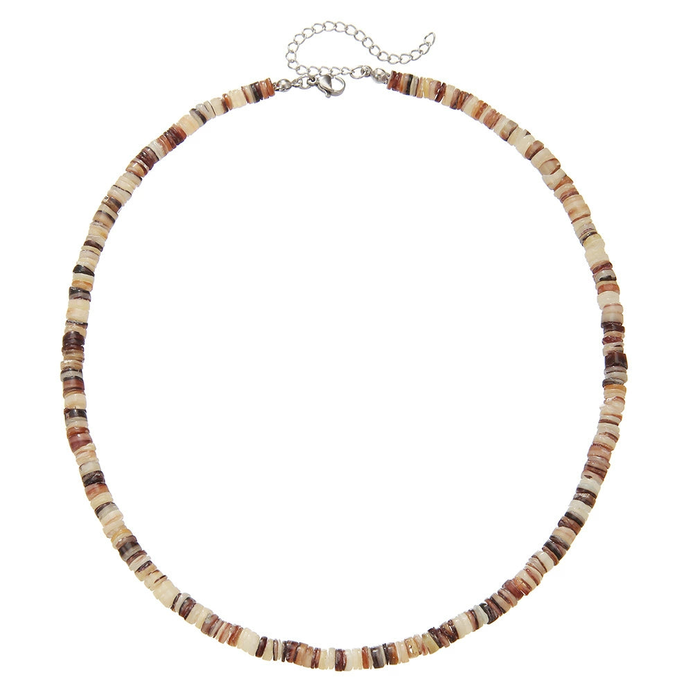 Bohemian Style Men's Puka Shell Beads Chain – Hawaiian Boho Beaded Necklace with Natural Stones and Shell Beads