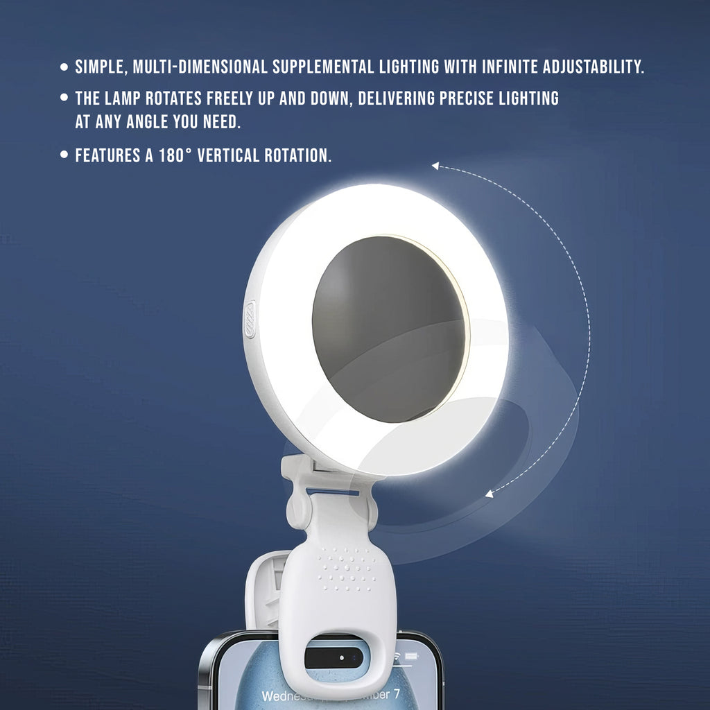 Clip-On Phone Selfie Light with Mirror – Portable LED Ring Light with 3 Adjustable Modes