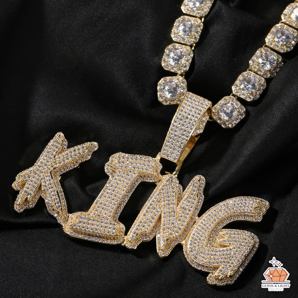 Collar con colgante Iced Out KING: cadena personalizada de hip hop urbano y gruesa