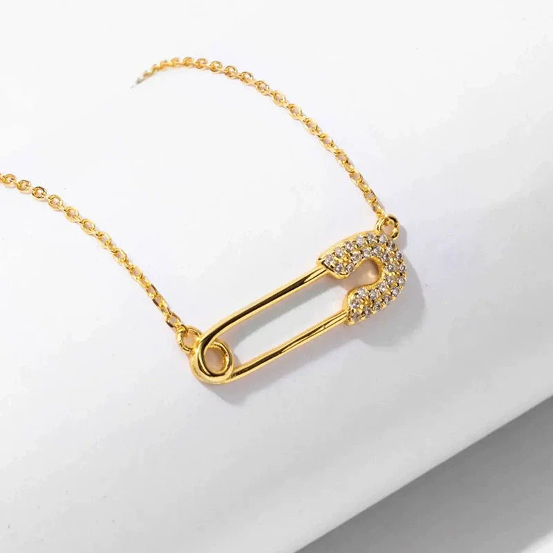 18K Gold Zirconia Safety Pin Charm Necklace – Minimalist Pavé Diamond Collector Necklace