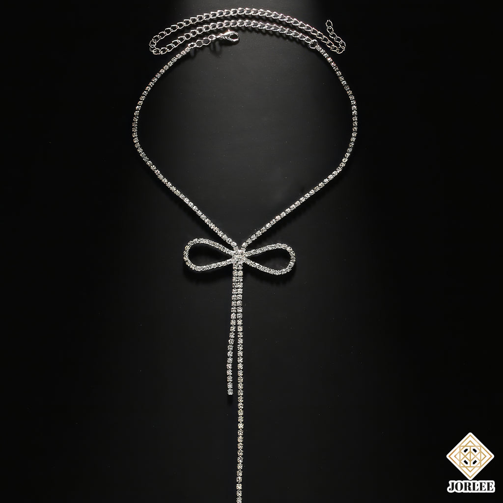 Sparkling Bow Necklace, Rhinestone Choker, Dainty Crystal Ribbon Pendant, Elegant Minimalist Necklace for Women