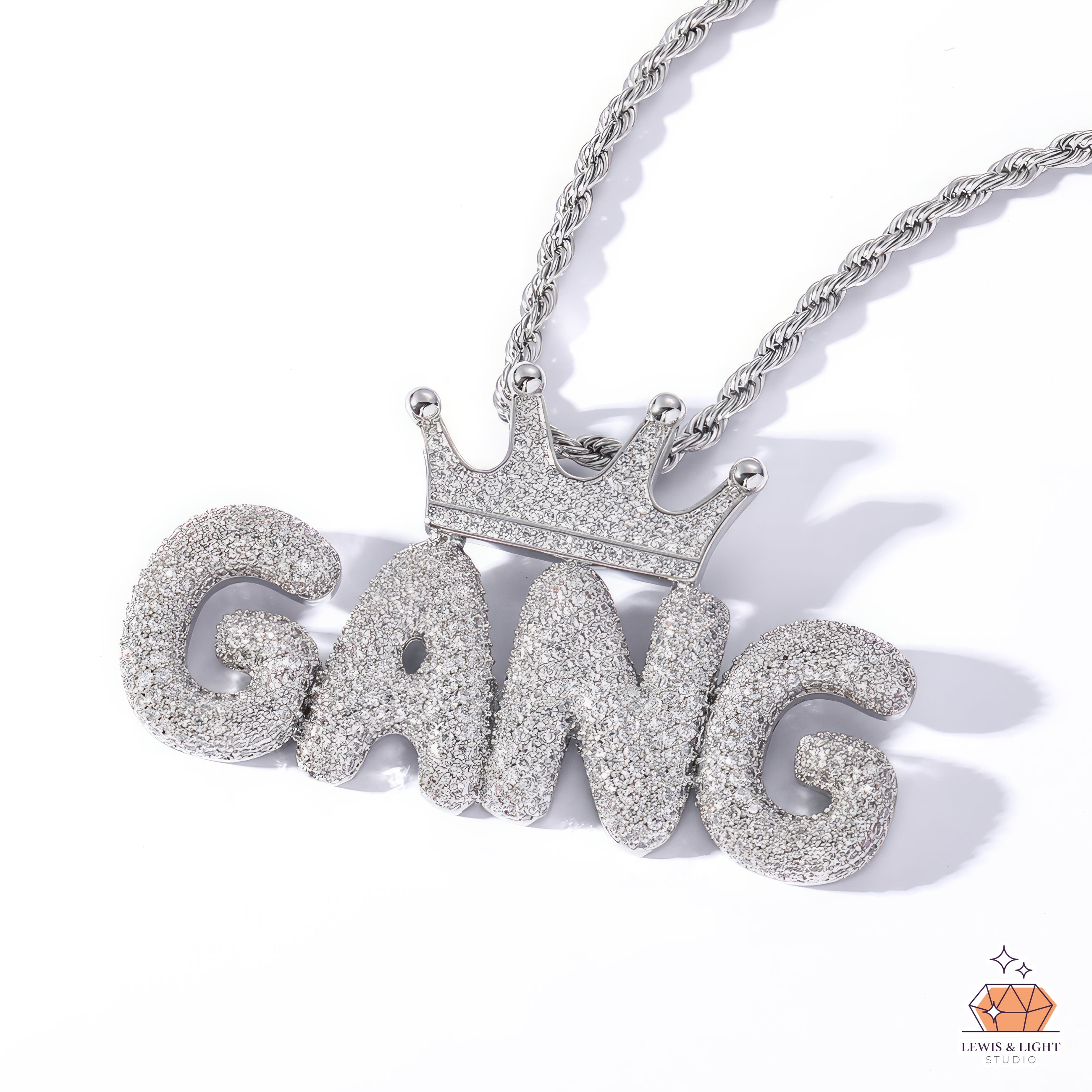 Iced Out Bubble Letter Necklace with Crown – Chunky Urban Hip Hop Pendant