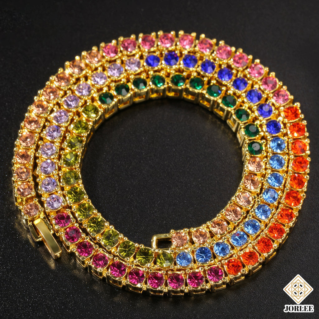 Rainbow Bling Necklace | Hip Hop Iced Out Chain | Colorful Rapper Jewelry