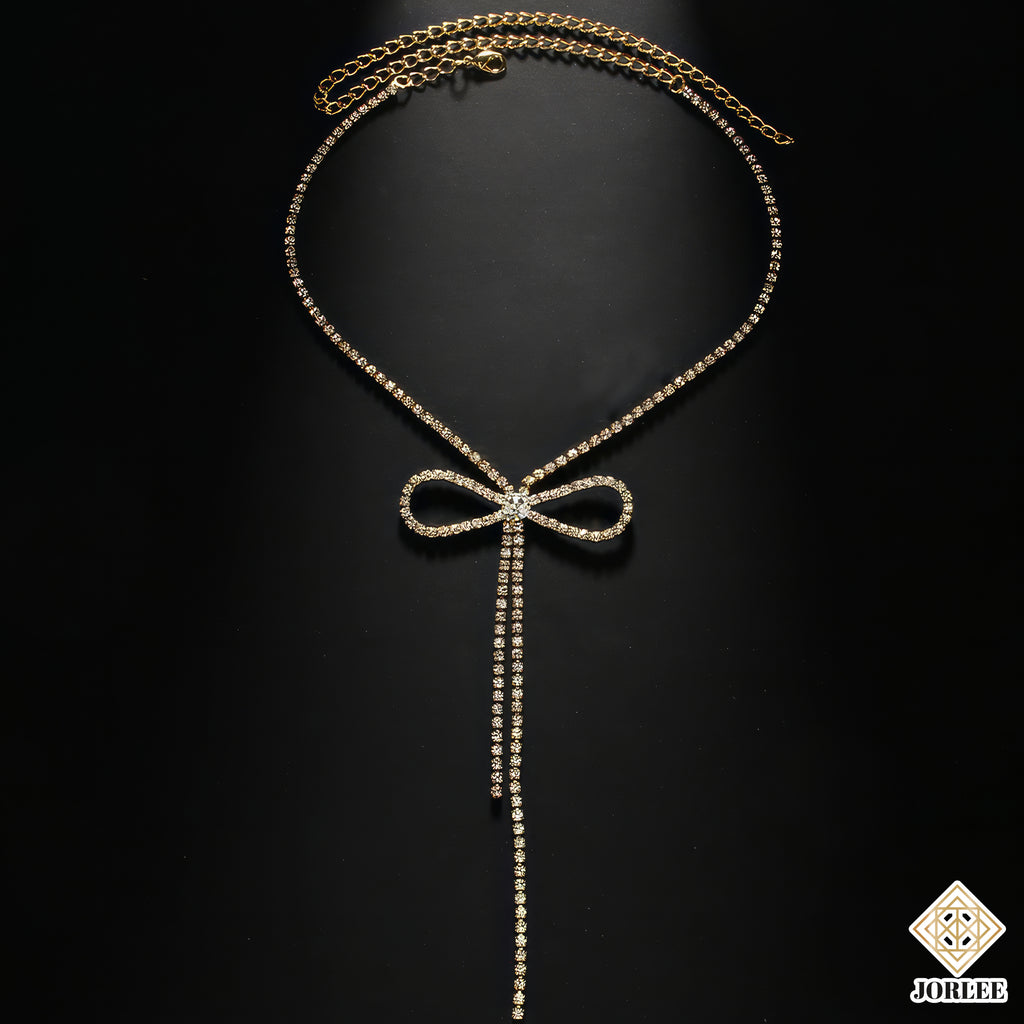 Sparkling Bow Necklace, Rhinestone Choker, Dainty Crystal Ribbon Pendant, Elegant Minimalist Necklace for Women