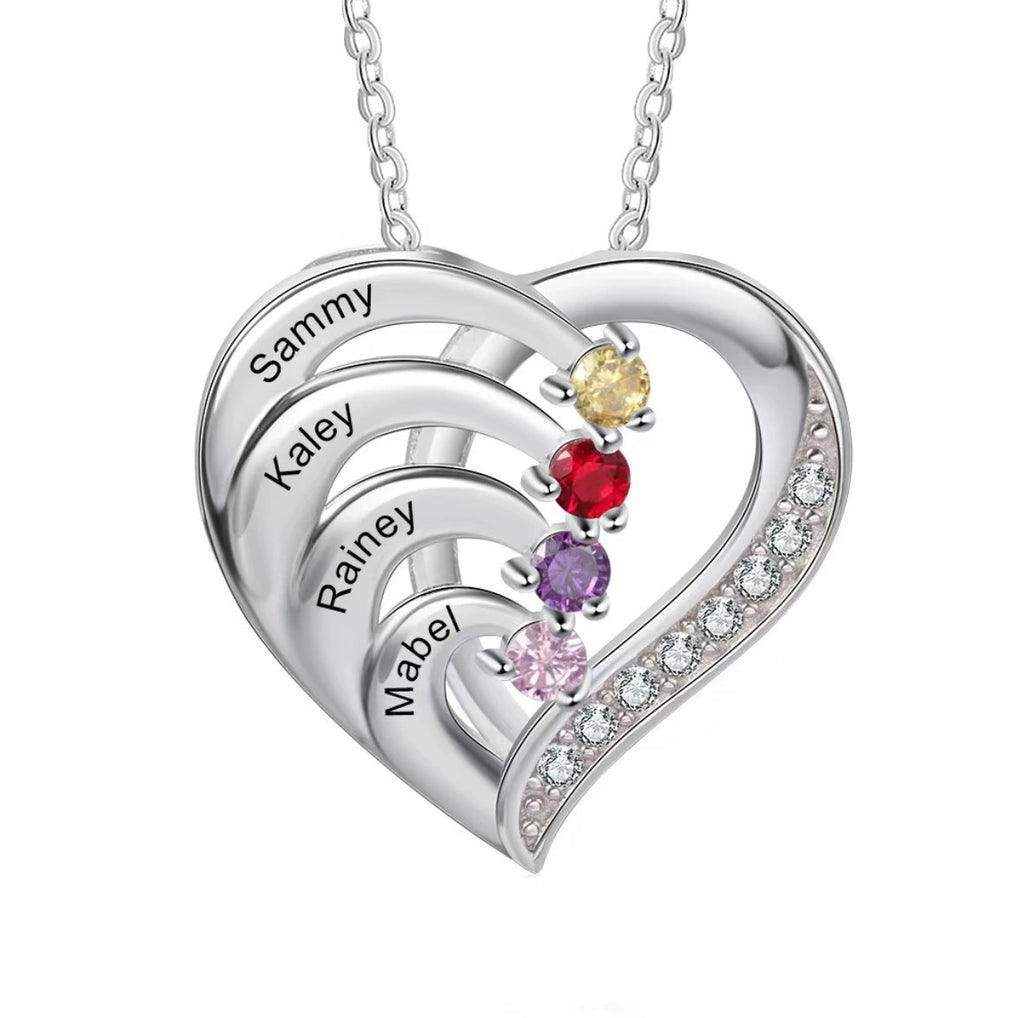 Sterling Silver Heart Name Necklace with Personalized Birthstones