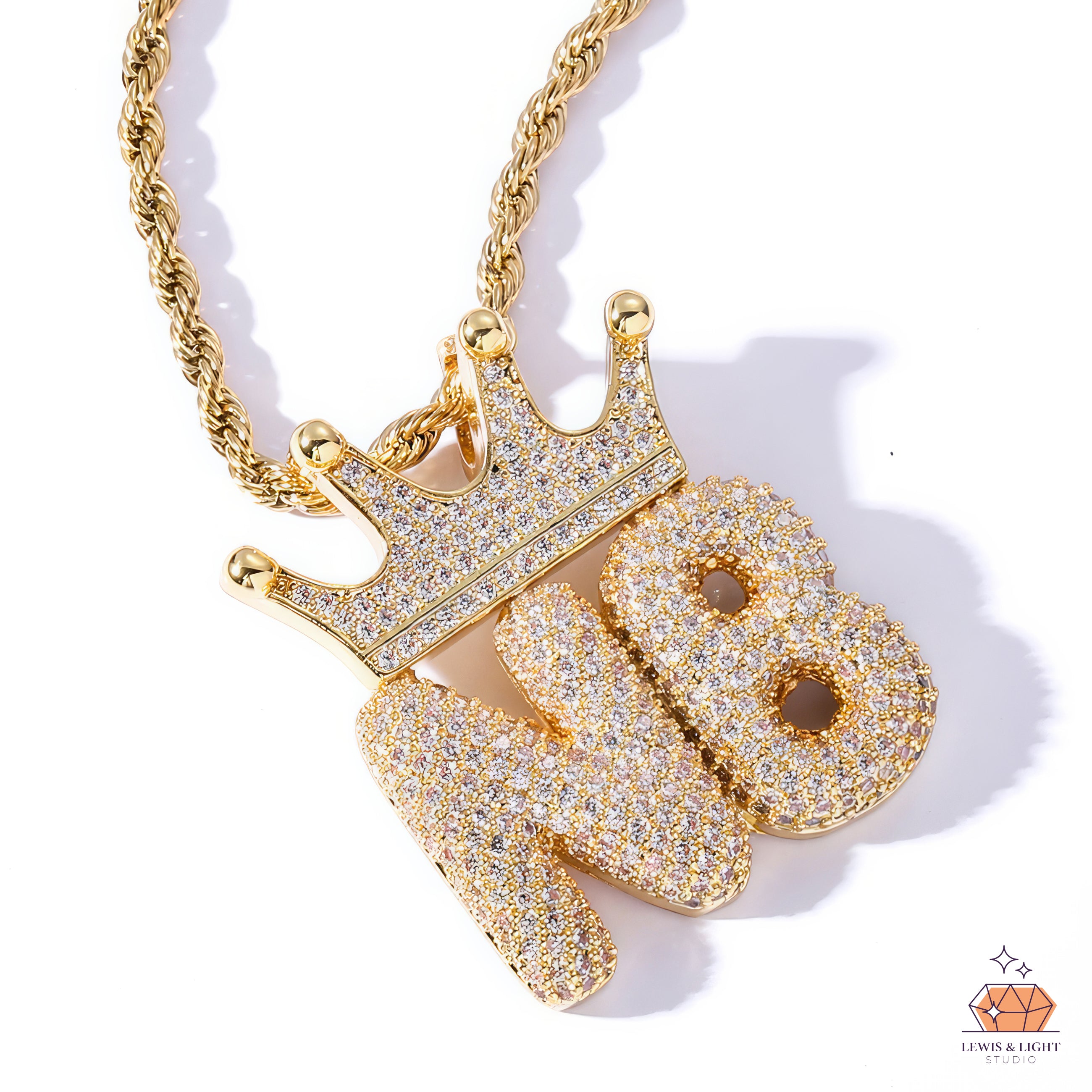 Iced Out Bubble Letter Necklace with Crown – Chunky Urban Hip Hop Pendant